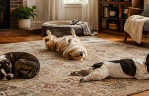 Dog Sleeping Positions: Why Do Dogs Sleep in Such Strange Positions? Three dogs sleeping in different positions on a living room rug