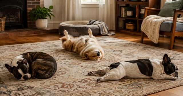 why-dogs-sleep-strange-positions-feature (1) Three dogs sleeping in different positions on a living room rug