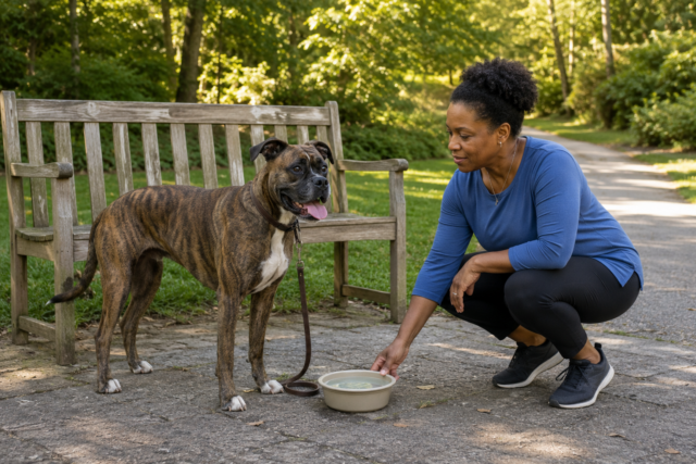 Owner offering water to her panting dog after a warm-weather walk