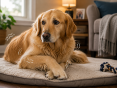 Why Is My Dog Shaking? 8 Reasons From Excitement to Illness Golden retriever trembling on a dog bed in a living room