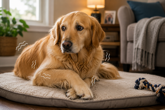 Golden retriever trembling on a dog bed in a living room