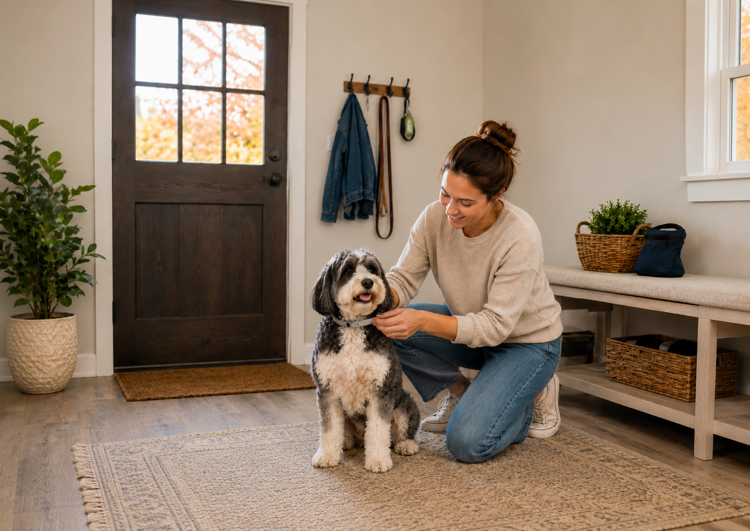 Woman placing a flea and tick collar on her dog at home in the fall