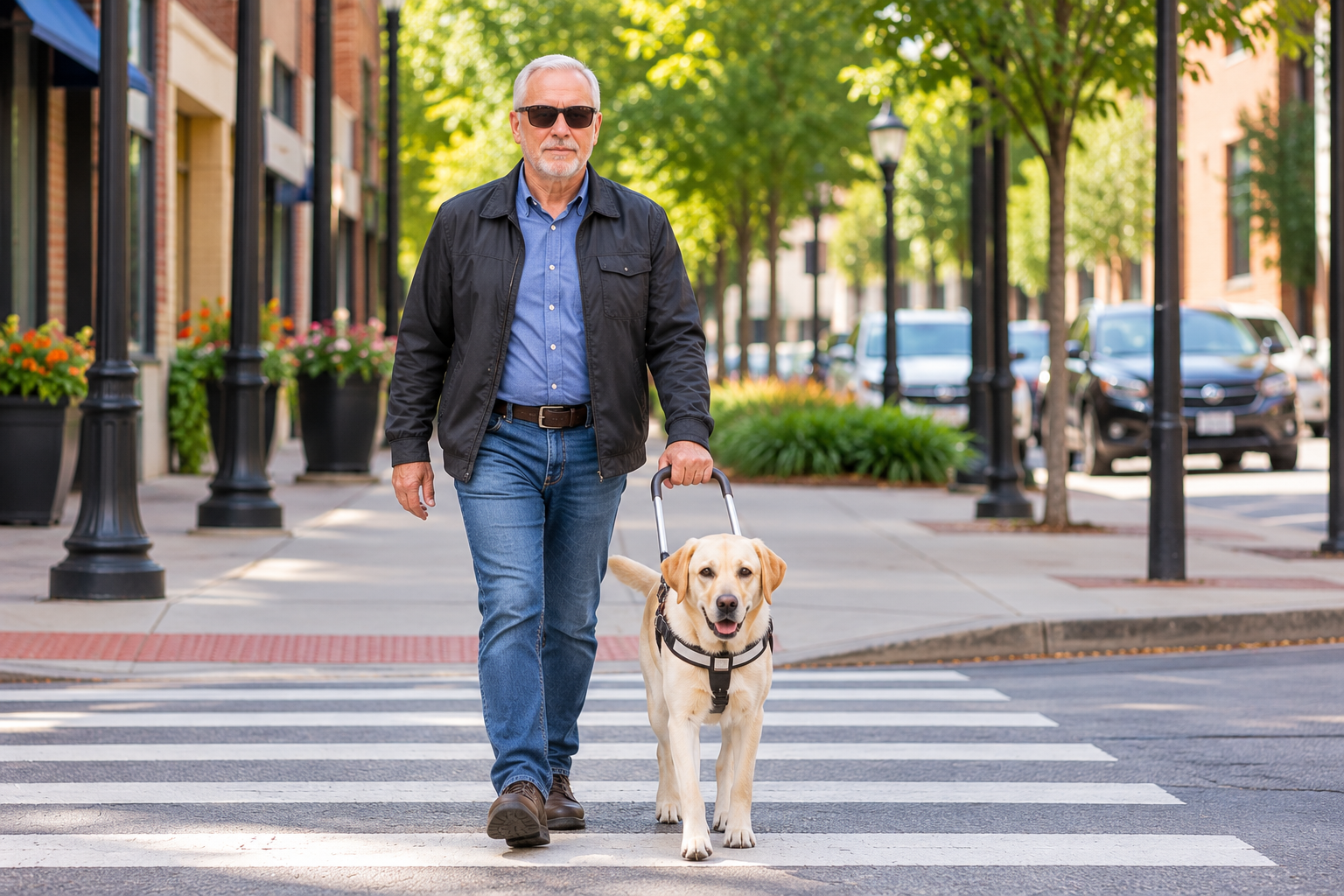 Visually impaired man walking forward with a yellow Labrador guide dog across a city crosswalk.