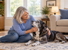 Canine Cognitive Dysfunction: Is Your Senior Dog Showing Signs of Dementia? Woman comforting her senior dog at home
