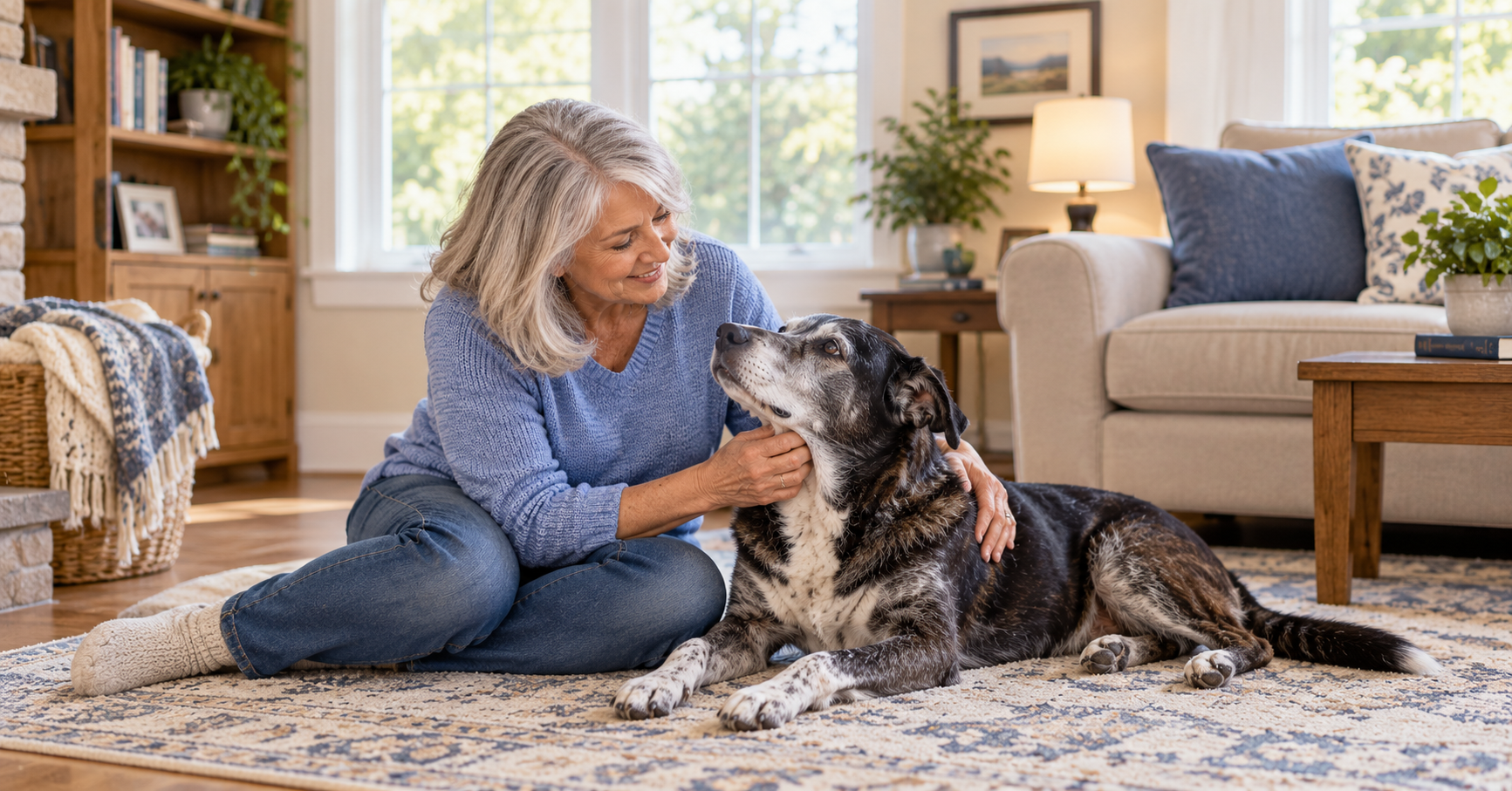 Woman comforting her senior dog at home