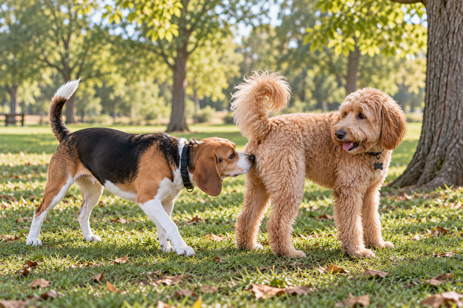 Beagle sniffing another dog during a natural canine greeting in a park
