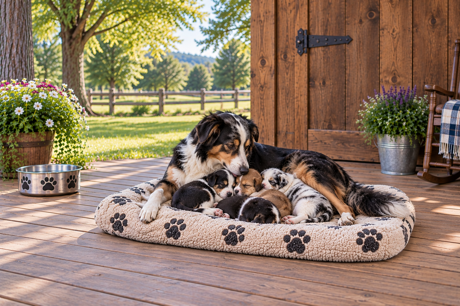 Mother dog resting closely with her sleeping puppies in a calm, nurturing setting