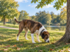 How Do Dogs Communicate With Pheromones? Brindle and white dog sniffing grass near a tree while investigating scent signals