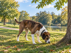 How Do Dogs Communicate With Pheromones? Brindle and white dog sniffing grass near a tree while investigating scent signals