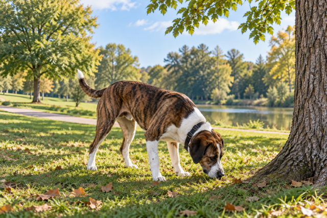 Brindle and white dog sniffing grass near a tree while investigating scent signals