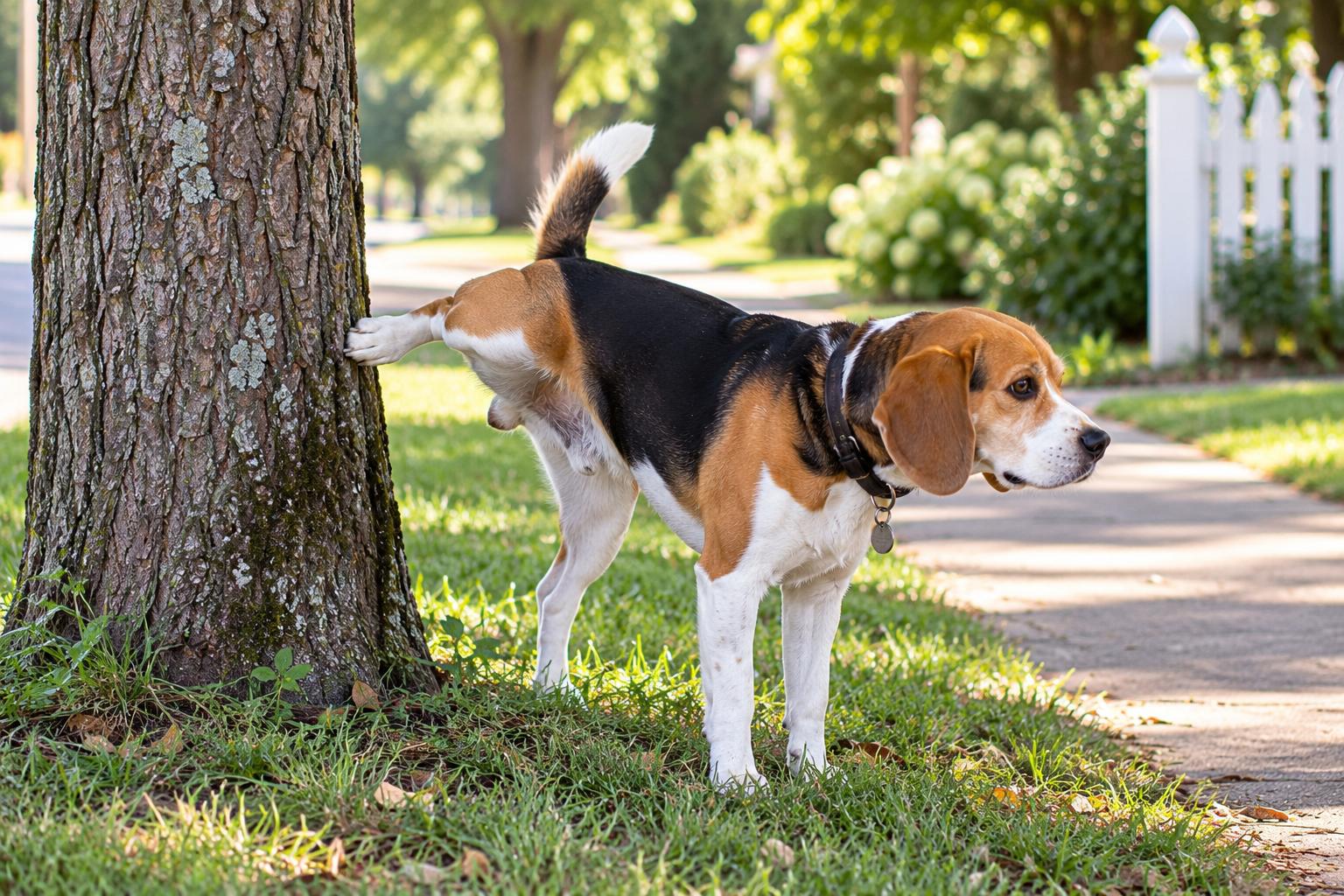 Beagle lifting his leg to urine mark a tree as part of canine scent communication