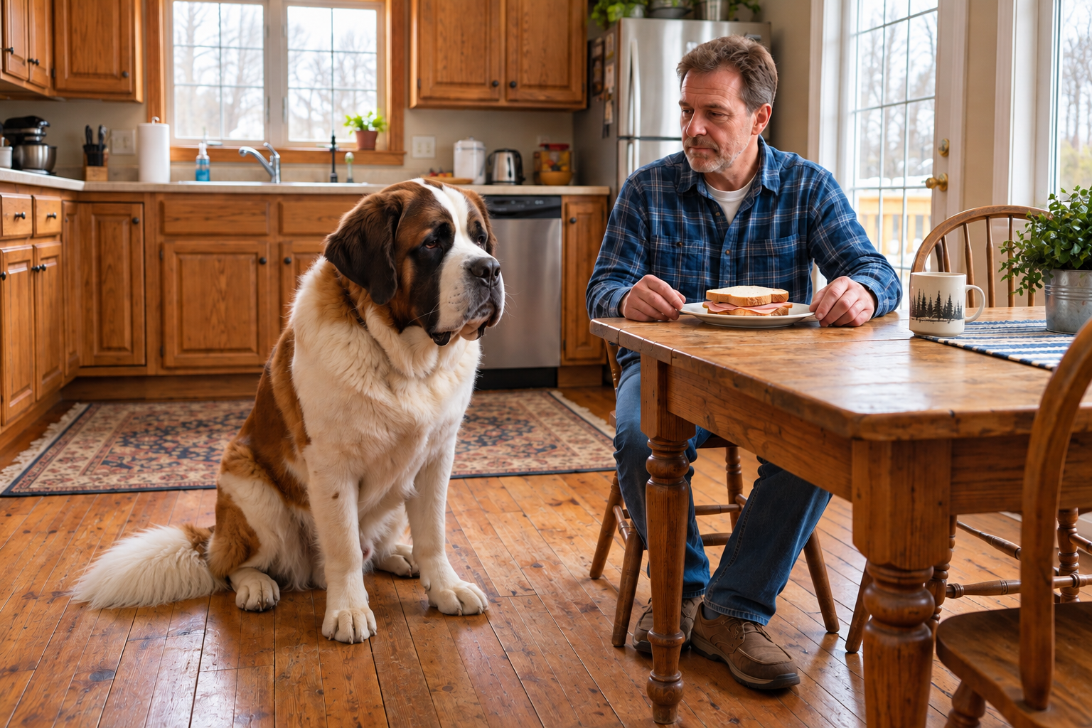 Saint Bernard sitting beside a man at the table and staring hopefully at his sandwich