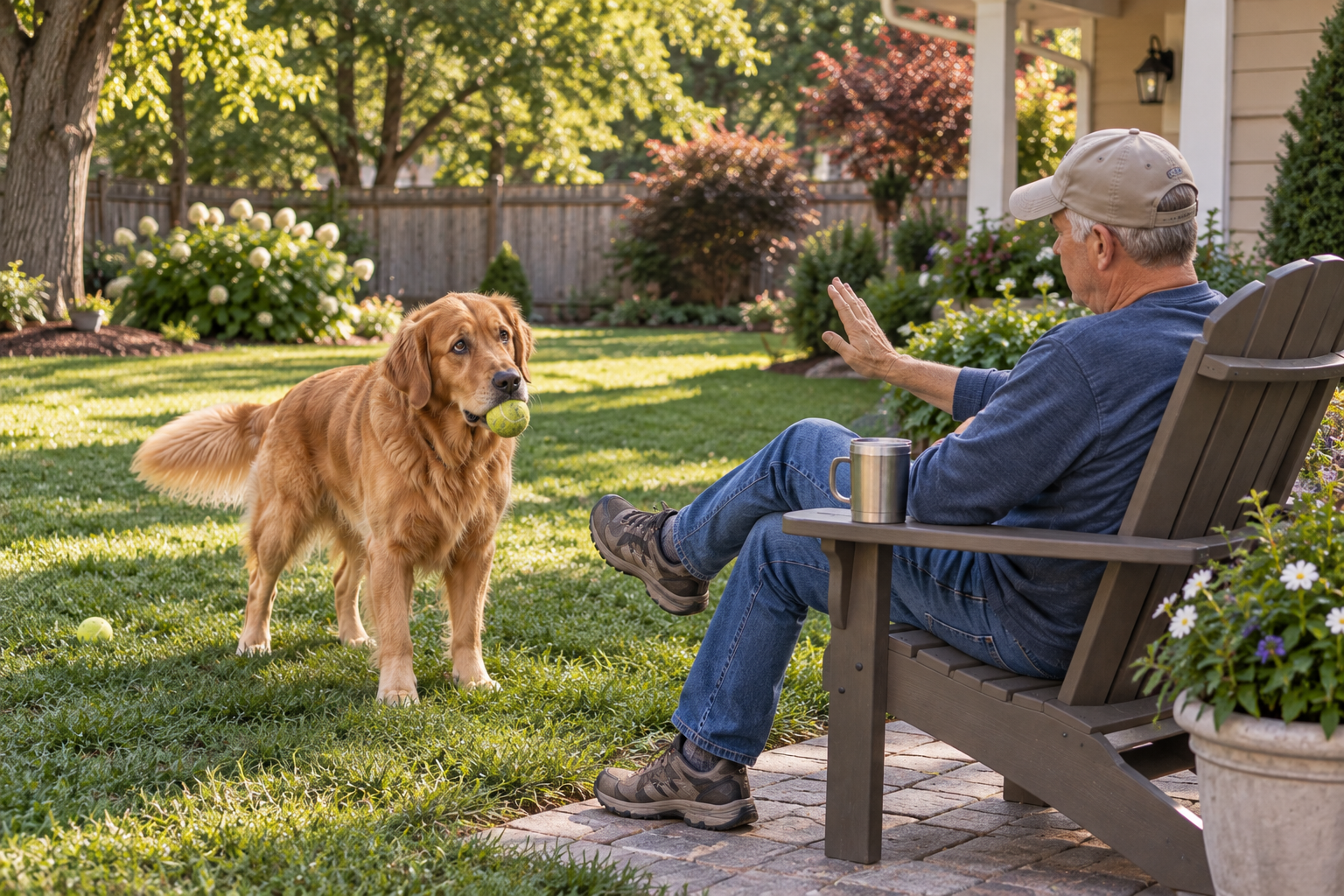 Golden retriever holding a tennis ball while his owner signals that fetch time is over