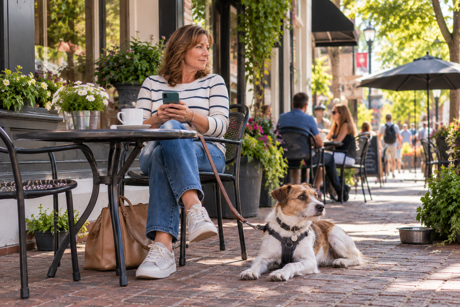 Alert terrier resting beside its owner at a busy outdoor cafe