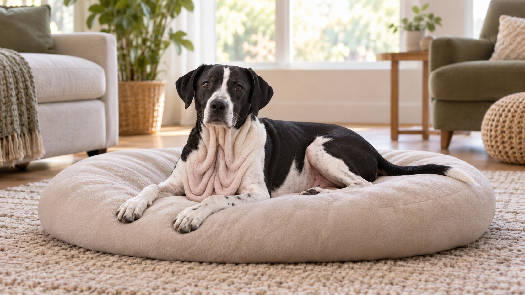 Dog with pronounced loose neck and chest skin resting comfortably on a soft bed