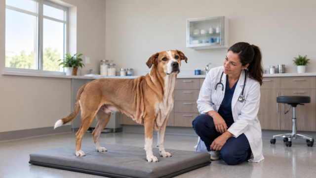 ehlers-danlos-syndrome-in-dogs-feature Dog with unusually loose skin standing beside a veterinarian during an examination