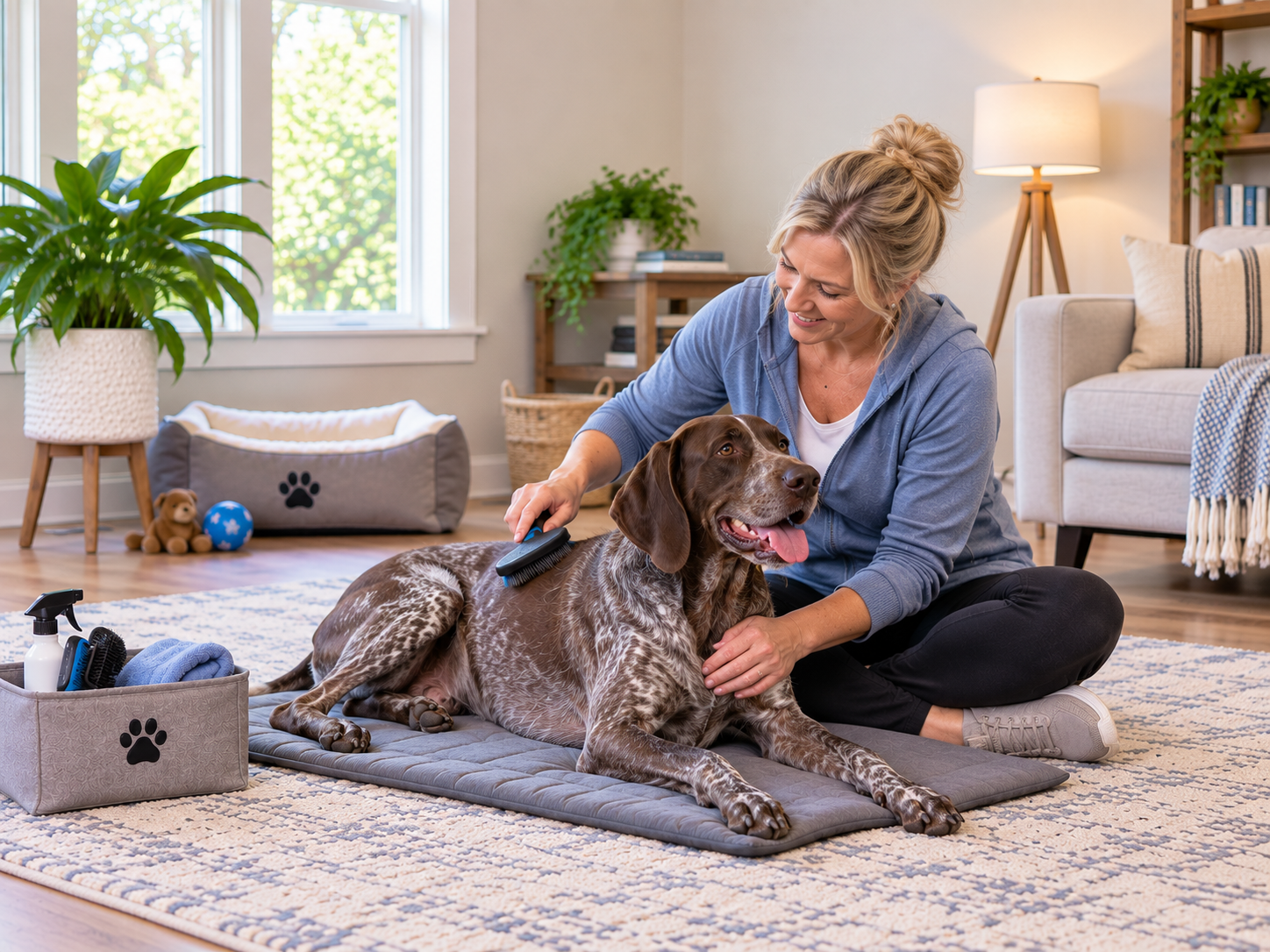 Woman gently brushing a relaxed German Shorthaired Pointer during cooperative care training