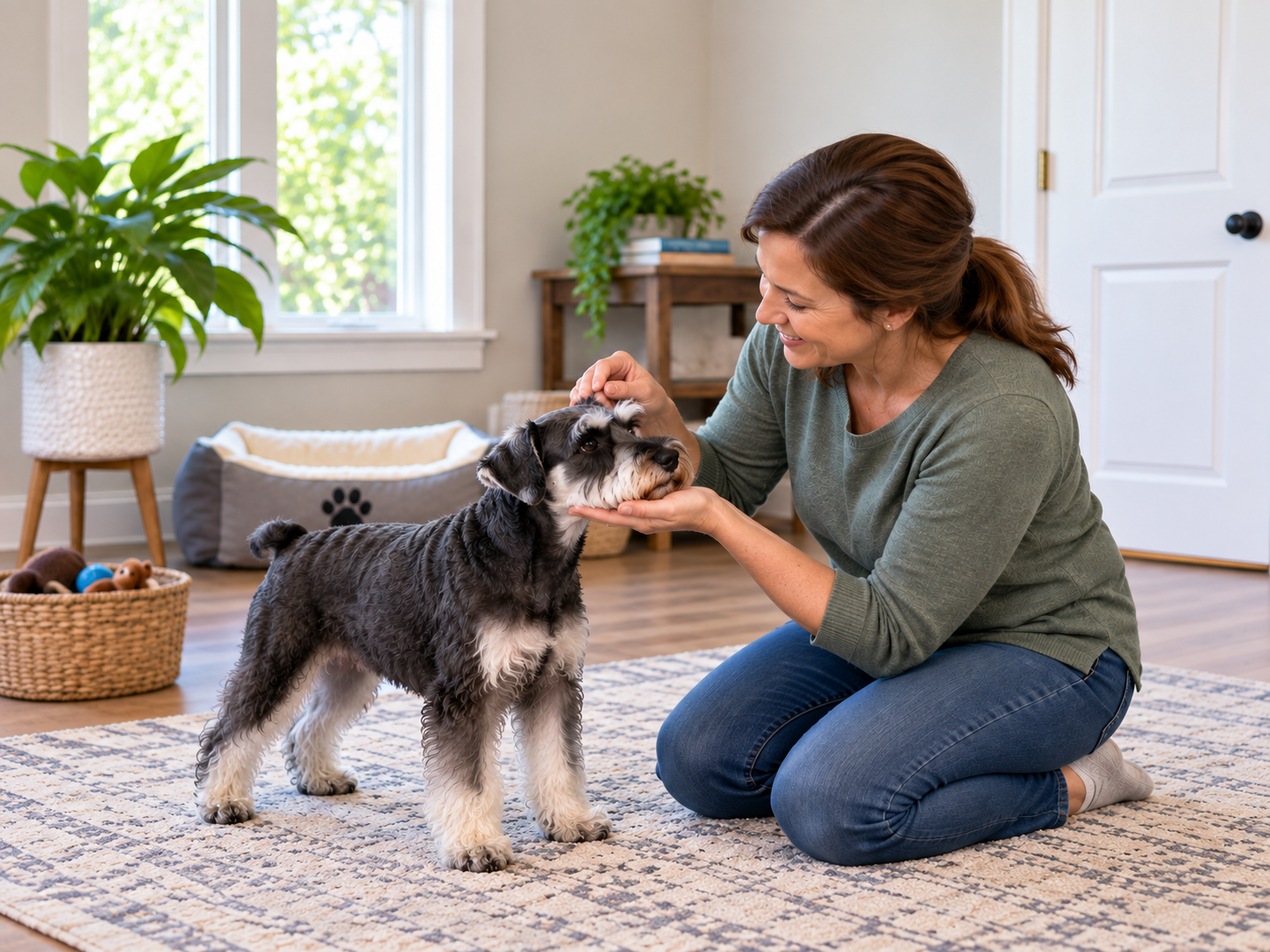 Woman practicing cooperative care by gently handling a Schnauzer's head and ears
