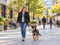 What Makes a Great Guide Dog? German Shepherd puppy in guide dog training walking with a female puppy raiser on a busy city sidewalk.