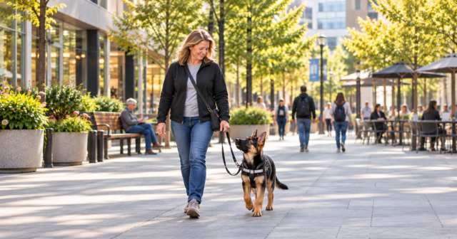 German Shepherd puppy in guide dog training walking with a female puppy raiser on a busy city sidewalk.