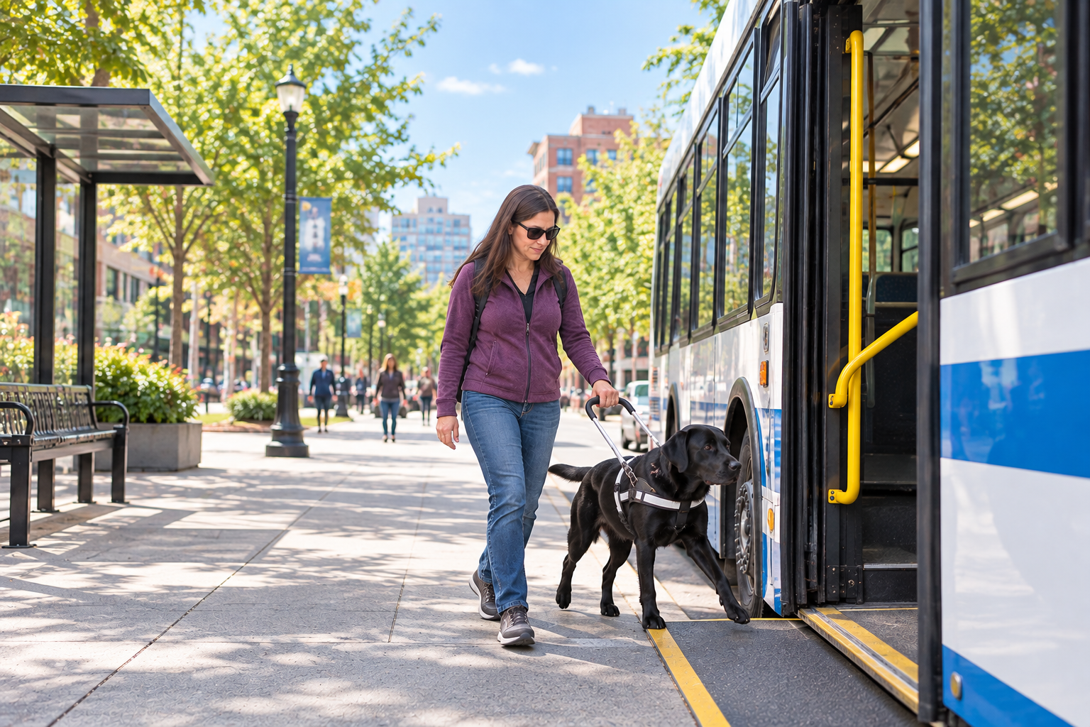 Visually impaired woman boarding a city bus with a black Labrador guide dog.