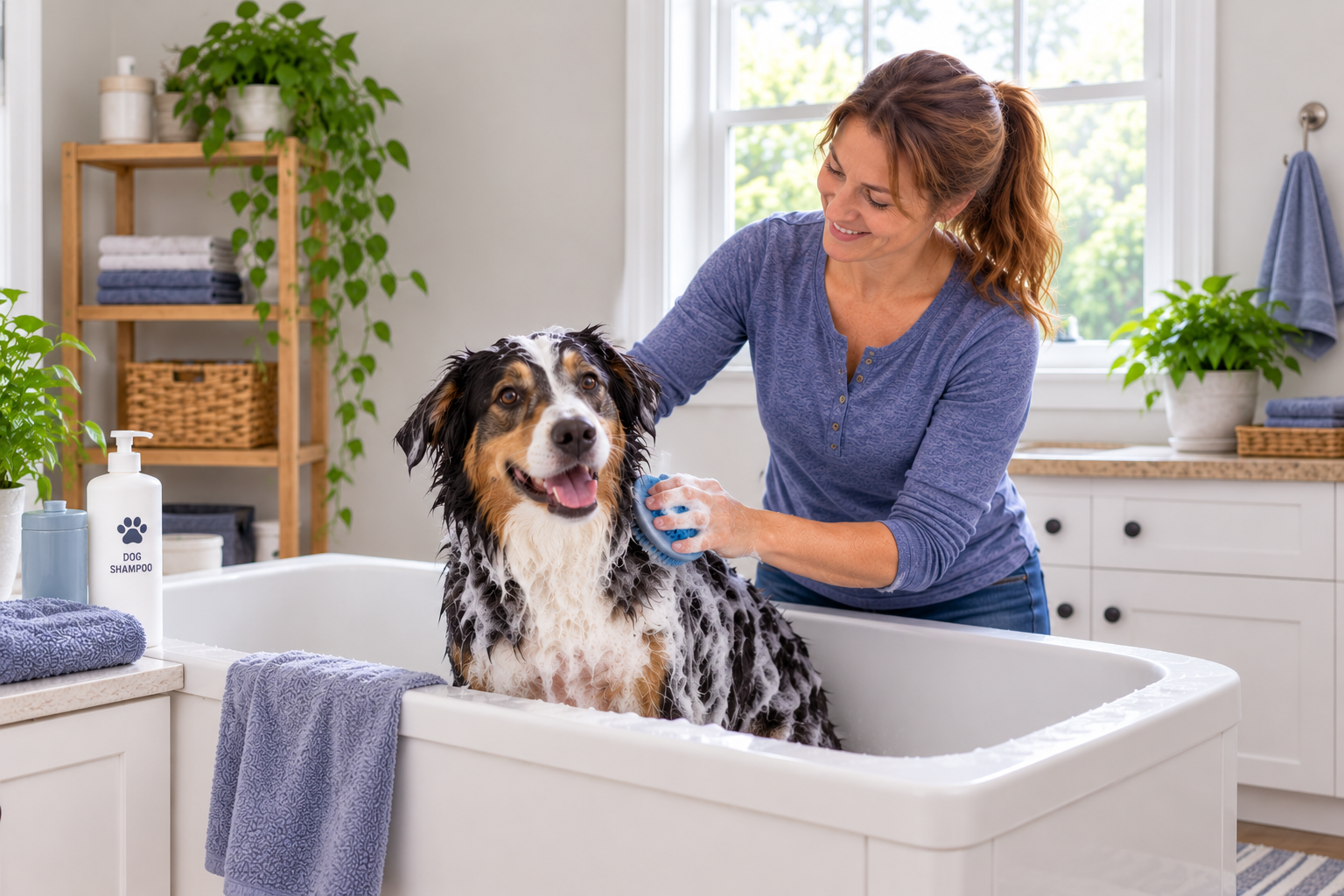 Woman bathing her dog at home with dog shampoo and a grooming brush