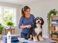How to Groom Your Dog at Home: What Owners Can Safely Do Themselves Woman brushing her dog at home with grooming supplies nearby