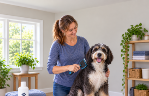How to Groom Your Dog at Home: What Owners Can Safely Do Themselves Woman brushing her dog at home with grooming supplies nearby