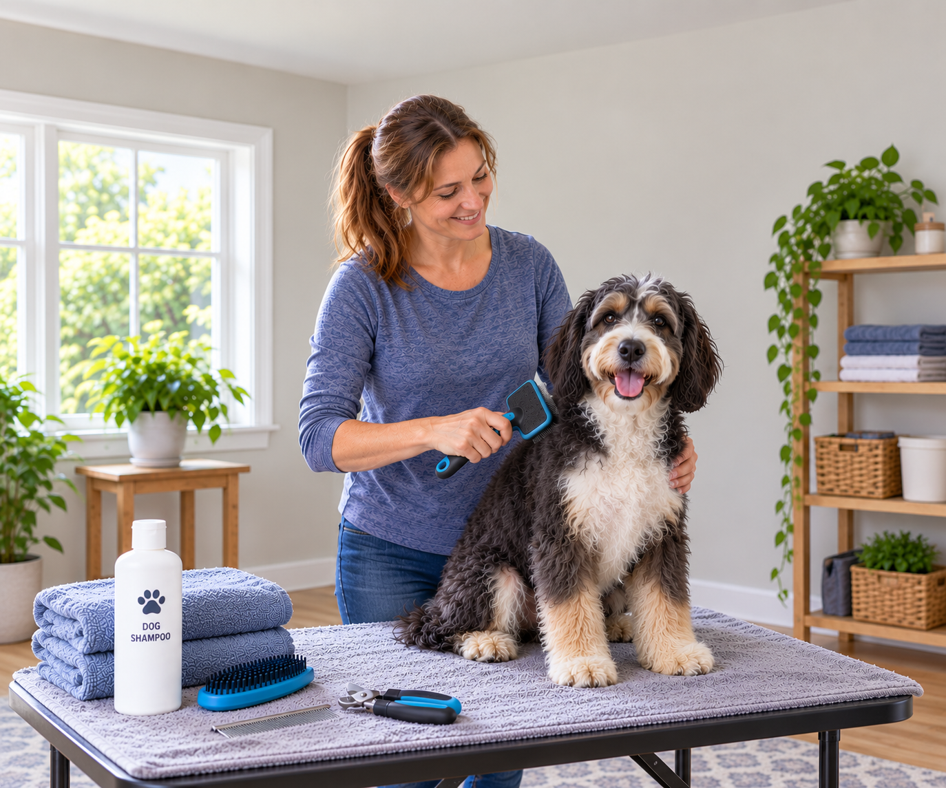 Woman brushing her dog at home with grooming supplies nearby