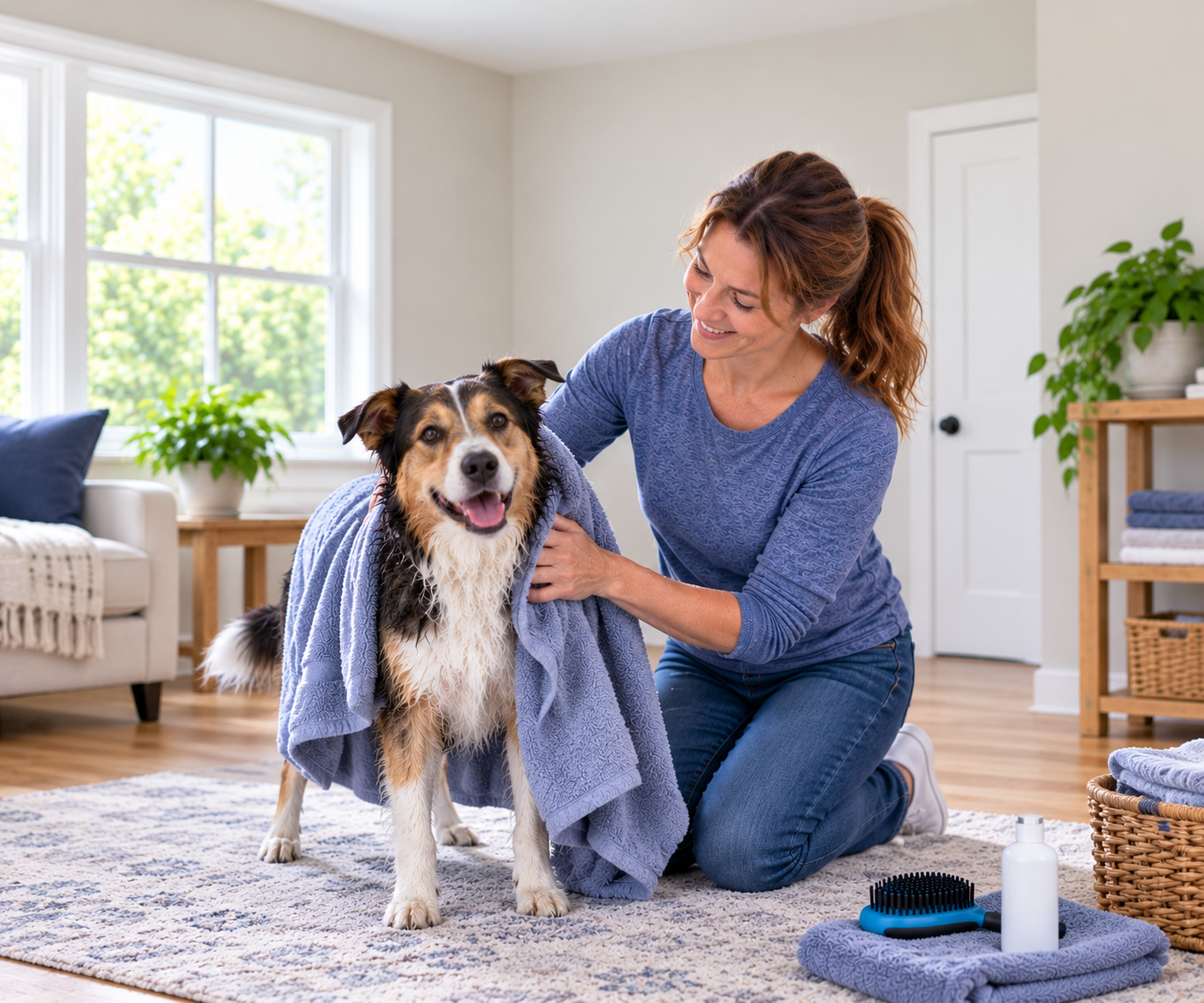 Woman gently towel drying her dog after bathing at home
