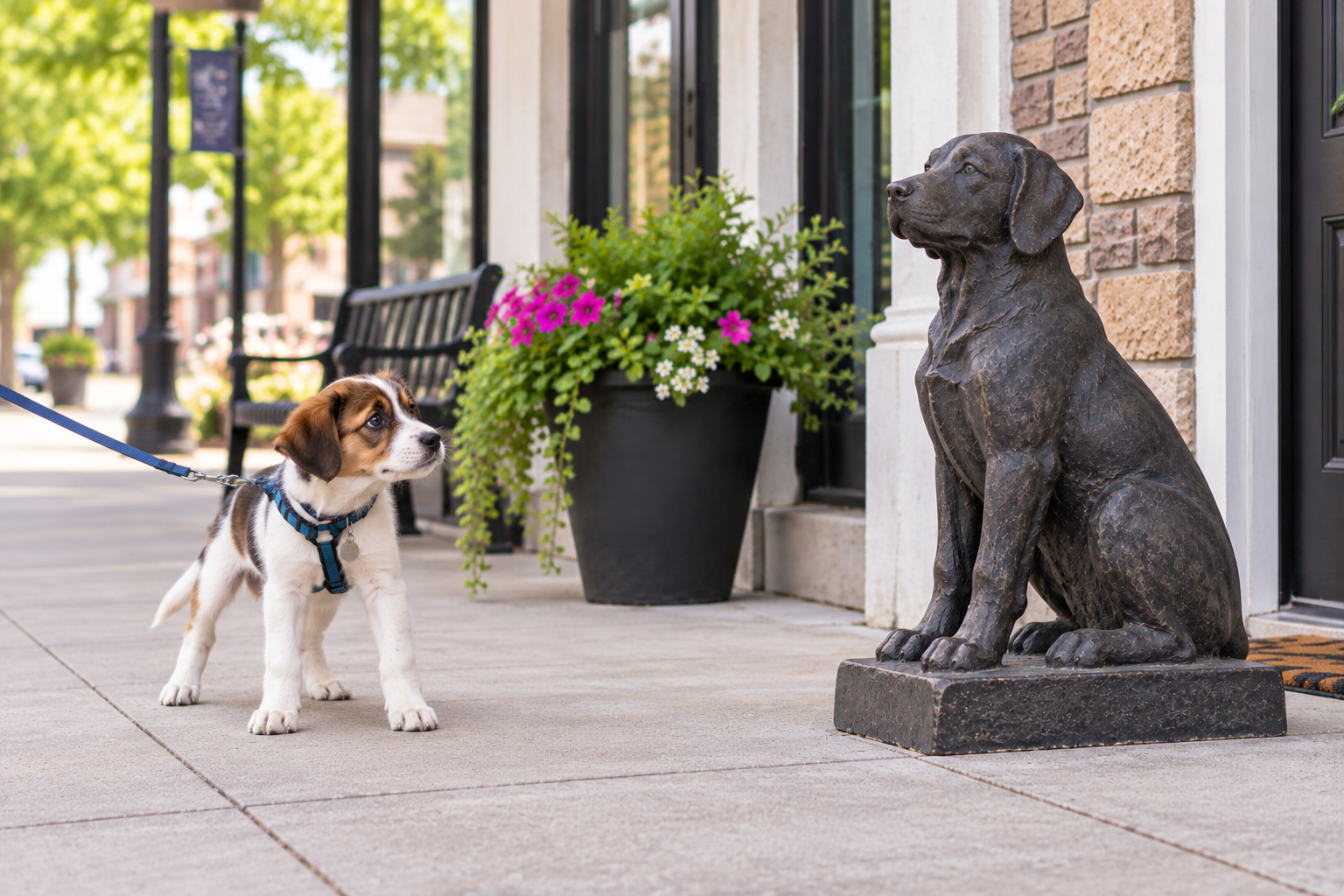 Young puppy cautiously observing a large dog statue while exploring an unfamiliar sidewalk