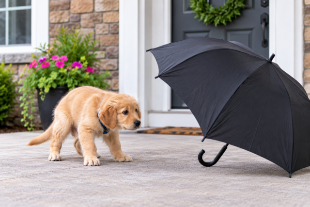 puppy-fear-periods-umbrella Golden Retriever puppy cautiously approaching an open umbrella during a puppy fear period
