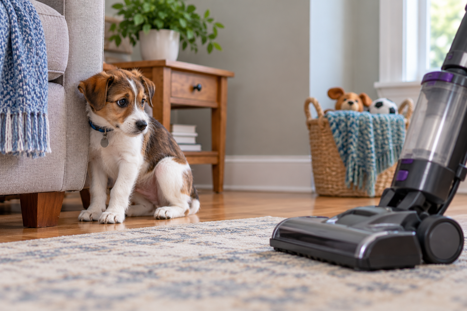 Young puppy sitting cautiously beside a sofa while watching an unfamiliar vacuum cleaner