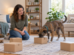 Scent Work for Ordinary Dogs: Easy Nose Games to Try at Home Brindle dog using its nose to search cardboard boxes while its owner watches in a living room.