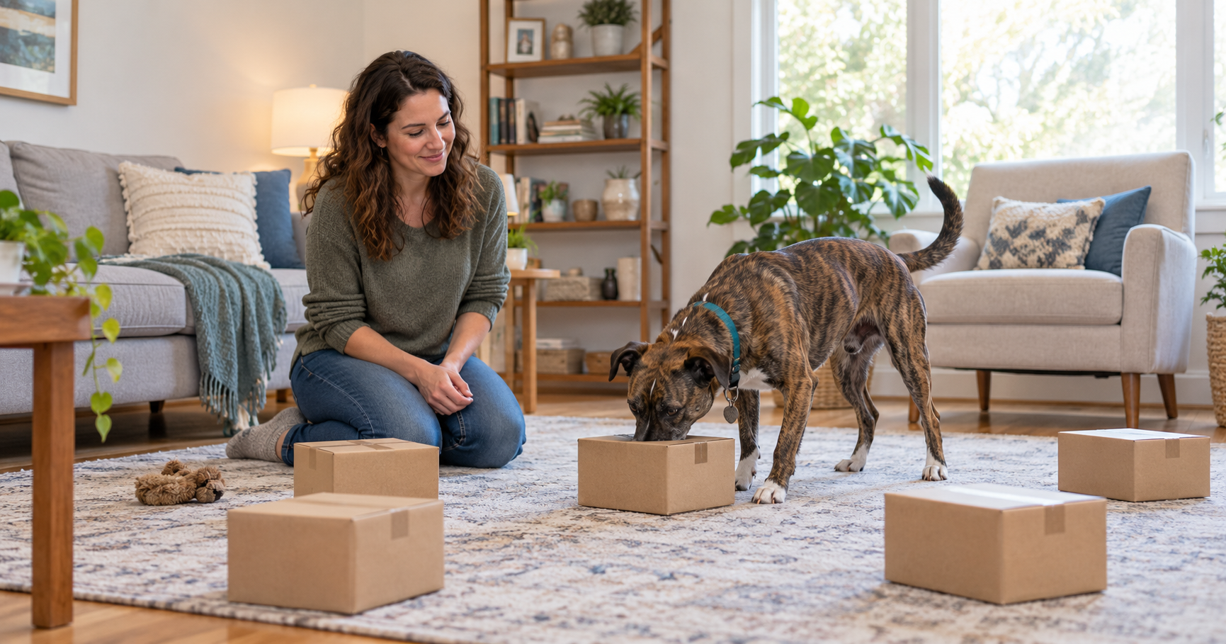 Brindle dog using its nose to search cardboard boxes while its owner watches in a living room.