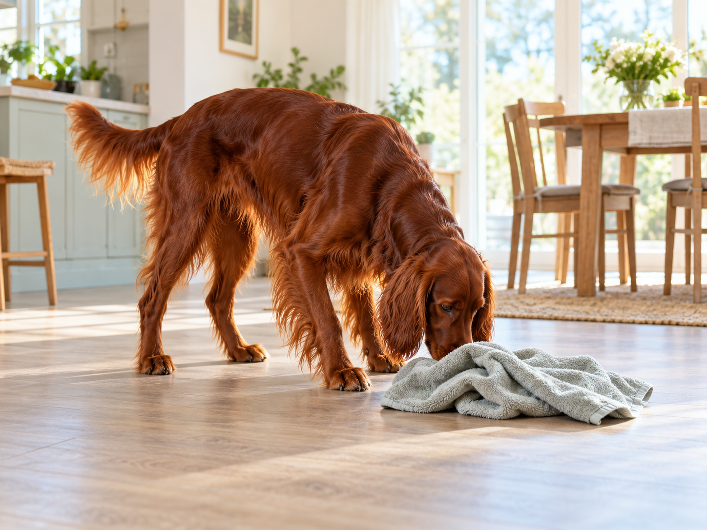 Irish Setter using its nose to search a towel for treats in a bright kitchen dining area.