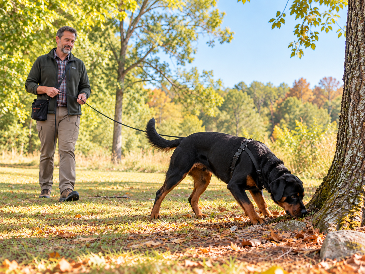 Middle-aged man handling a Rottweiler on a long line while the dog searches with its nose near a tree outdoors.