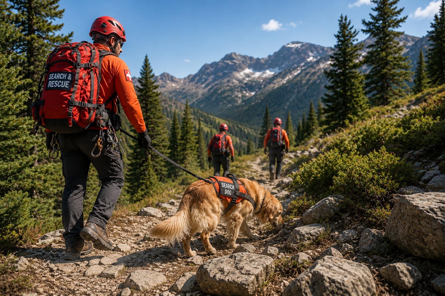 Search and rescue dog working with a rescue team on a rugged mountain trail