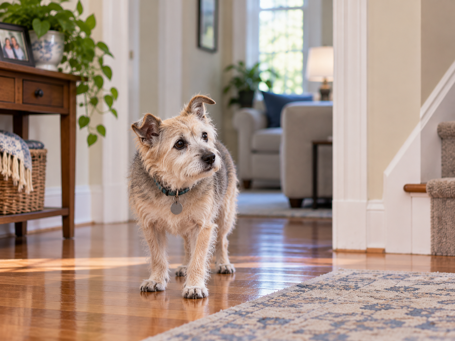 Senior terrier appearing uncertain while standing in a familiar hallway