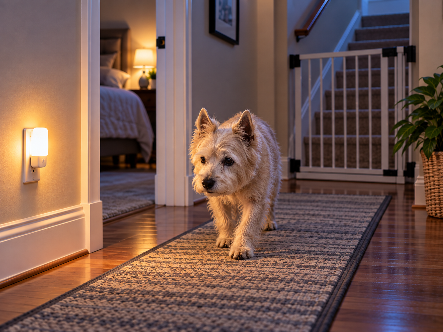 Senior terrier walking along a nonslip hallway runner near a nightlight and gated stairs