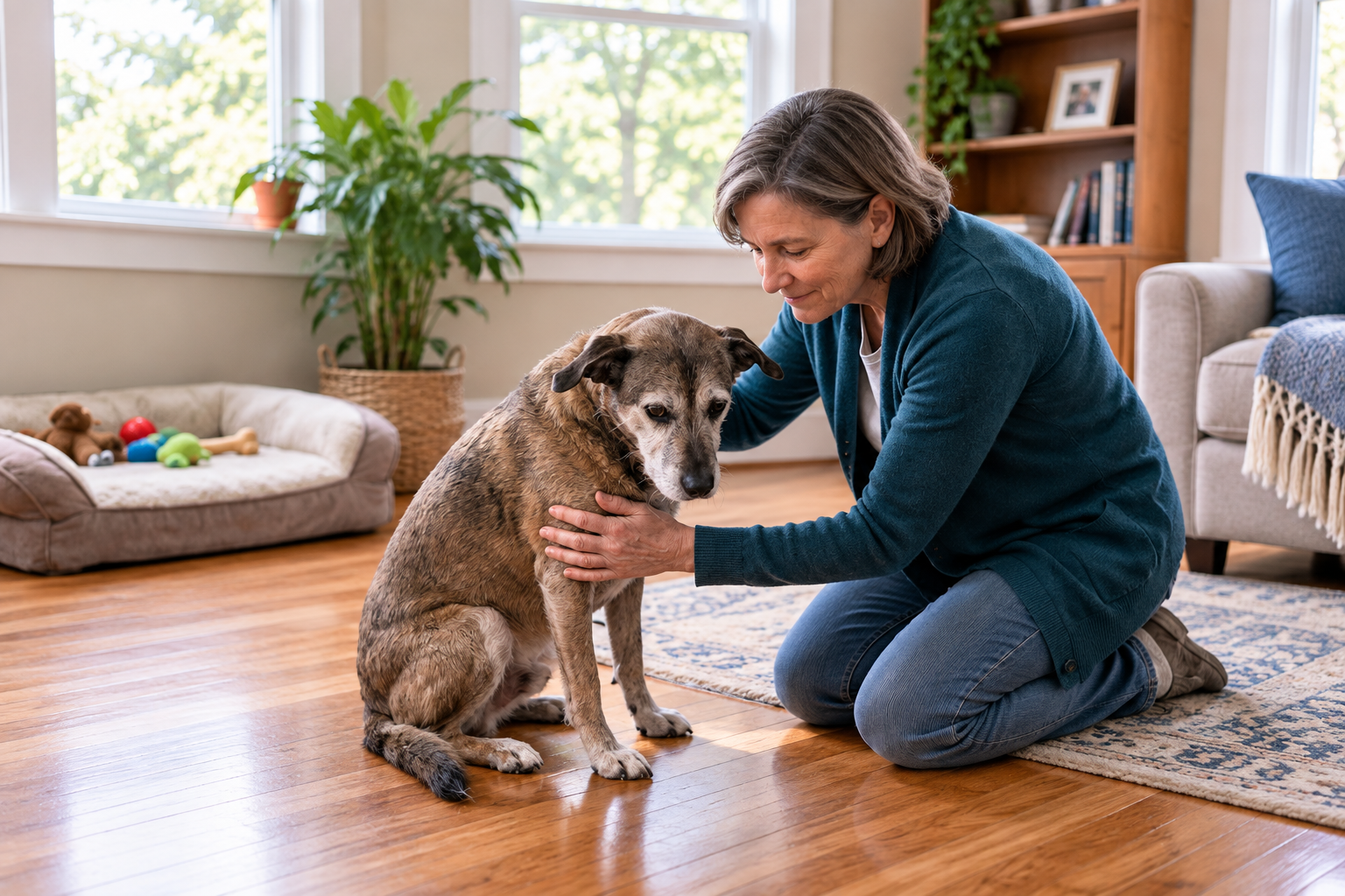Woman gently comforting her senior dog at home