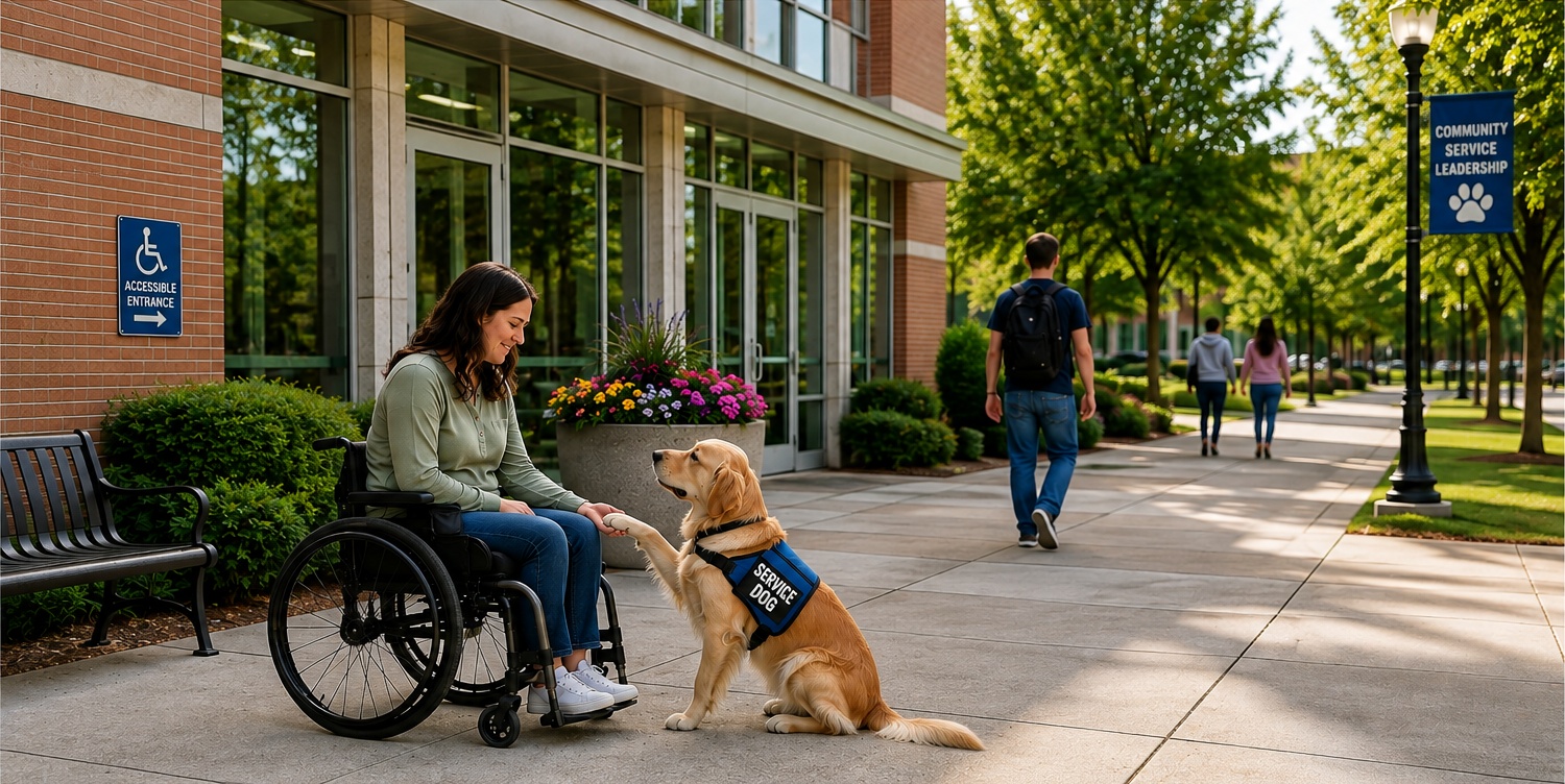 Service dog assisting a woman using a wheelchair outside a public building