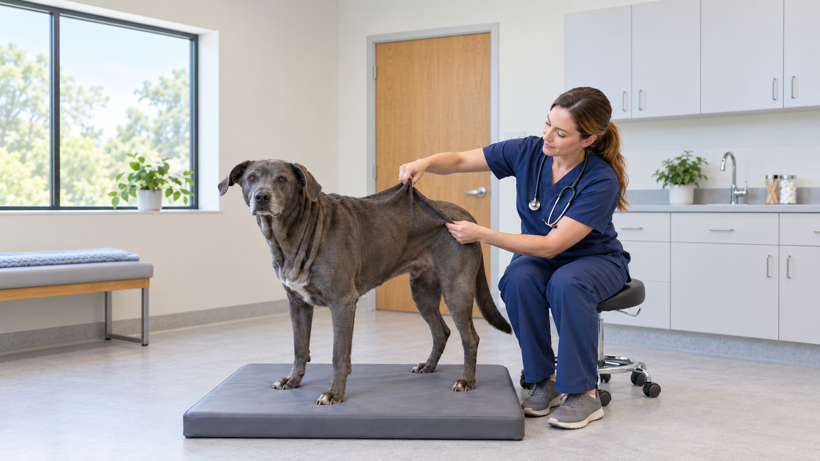 Veterinarian gently lifting a dog’s loose back skin during an examination for canine Ehlers-Danlos syndrome