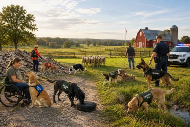 **Filename:** `working-dog-jobs-labor-day.jpg` **Alt text:** `Working dogs performing service, detection, search and rescue, herding, conservation, and police K-9 jobs`