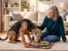 Keeping a Dog Mentally Sharp as He Ages Senior dog using a snuffle mat while his owner watches nearby
