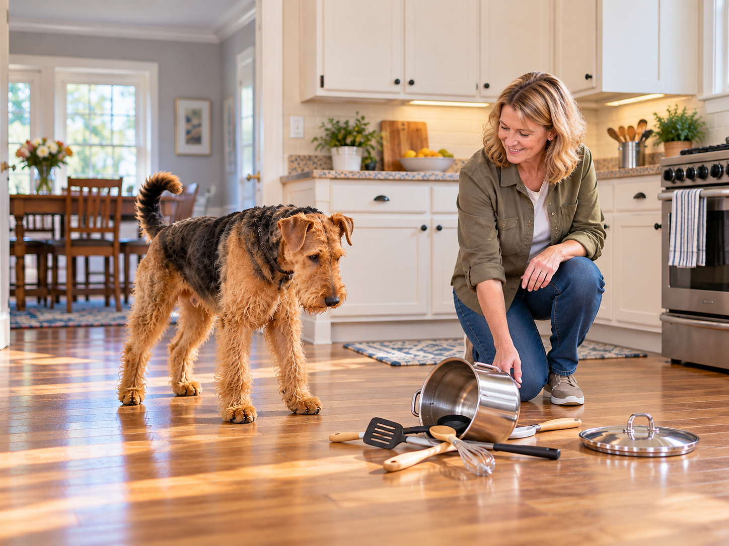 Airedale Terrier calmly investigating a fallen pot after being startled, showing recovery and stable temperament