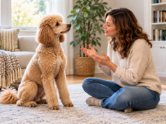 How Much of What You Say Does Your Dog Really Understand? Woman talking with an attentive Poodle in a living room